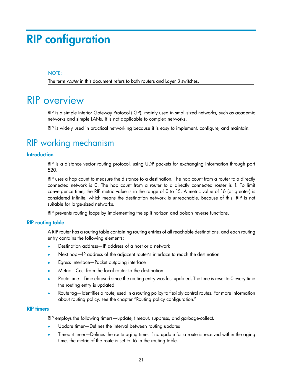 Rip configuration, Rip overview, Rip working mechanism | Introduction, Rip routing table, Rip timers | H3C Technologies H3C S10500 Series Switches User Manual | Page 36 / 397