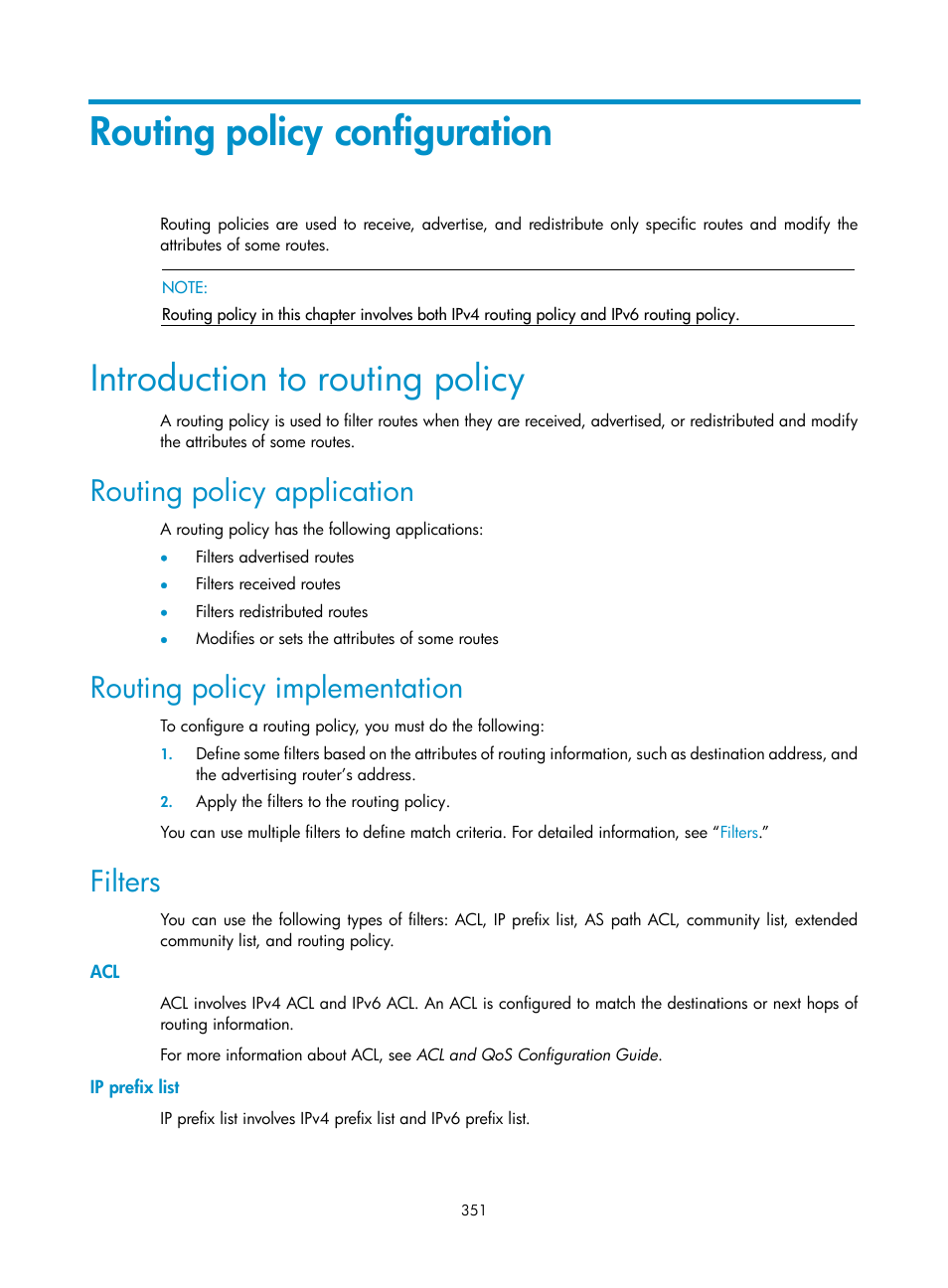 Routing policy configuration, Introduction to routing policy, Routing policy application | Routing policy implementation, Filters, Ip prefix list | H3C Technologies H3C S10500 Series Switches User Manual | Page 366 / 397