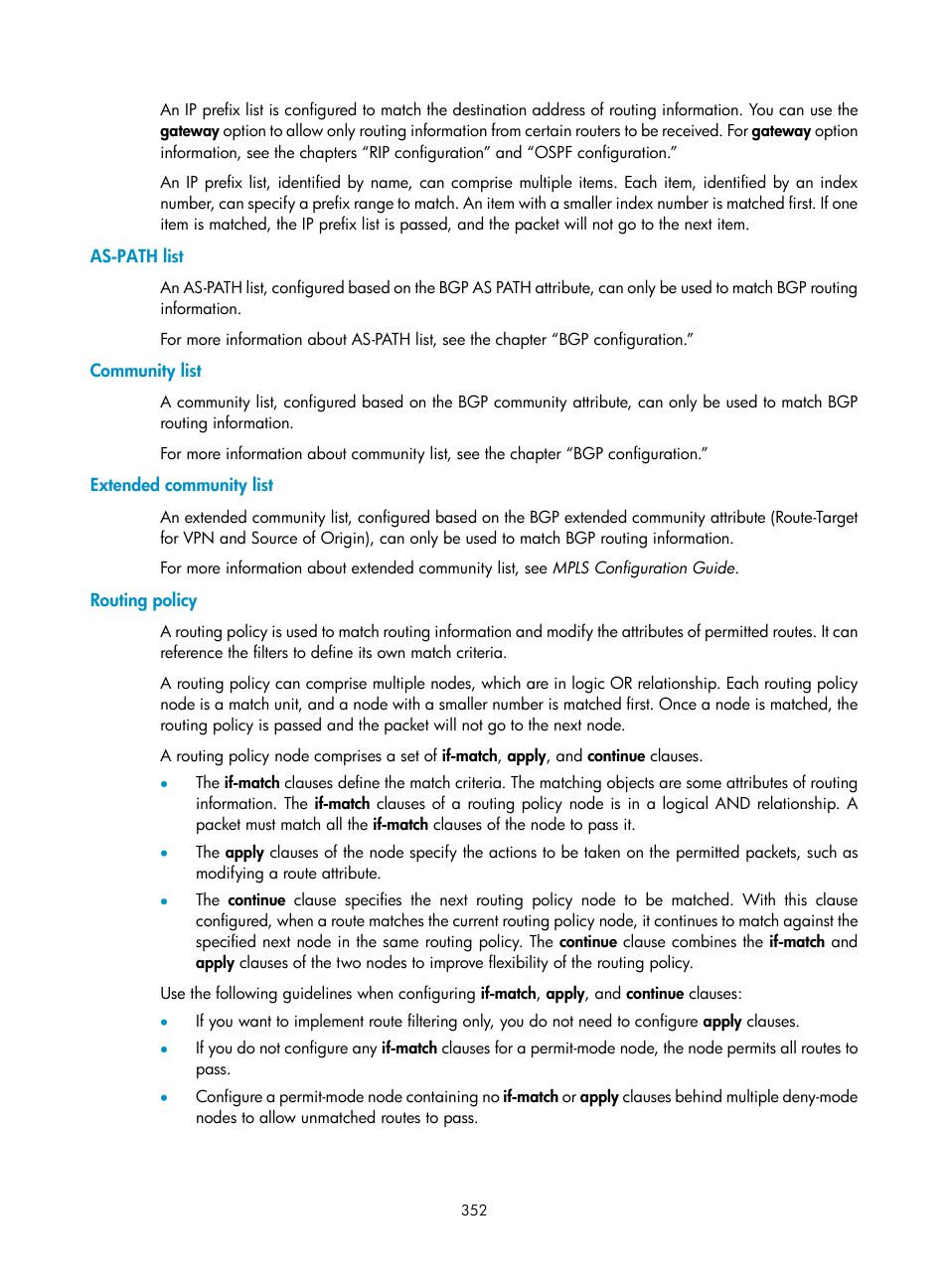 As-path list, Community list, Extended community list | Routing policy | H3C Technologies H3C S10500 Series Switches User Manual | Page 367 / 397