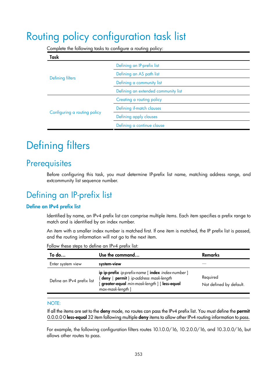Routing policy configuration task list, Defining filters, Prerequisites | Defining an ip-prefix list, Define an ipv4 prefix list | H3C Technologies H3C S10500 Series Switches User Manual | Page 368 / 397