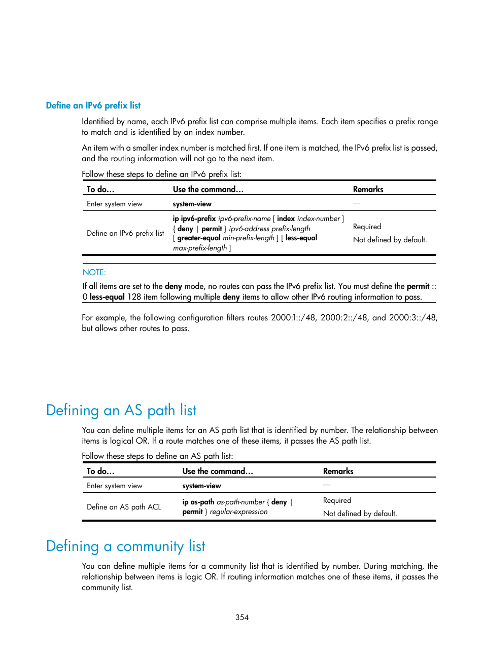 Define an ipv6 prefix list, Defining an as path list, Defining a community list | H3C Technologies H3C S10500 Series Switches User Manual | Page 369 / 397