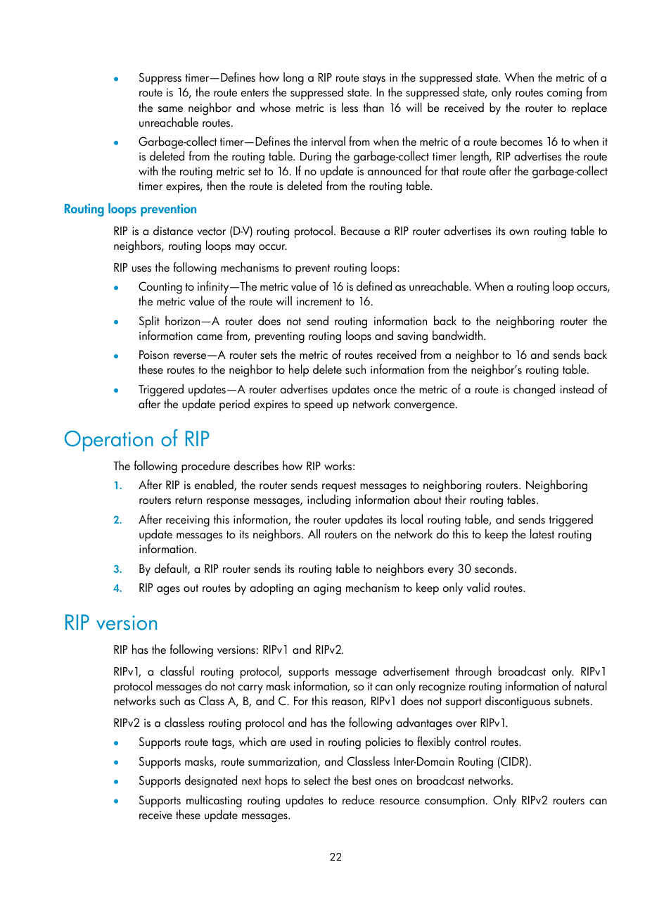 Routing loops prevention, Operation of rip, Rip version | H3C Technologies H3C S10500 Series Switches User Manual | Page 37 / 397