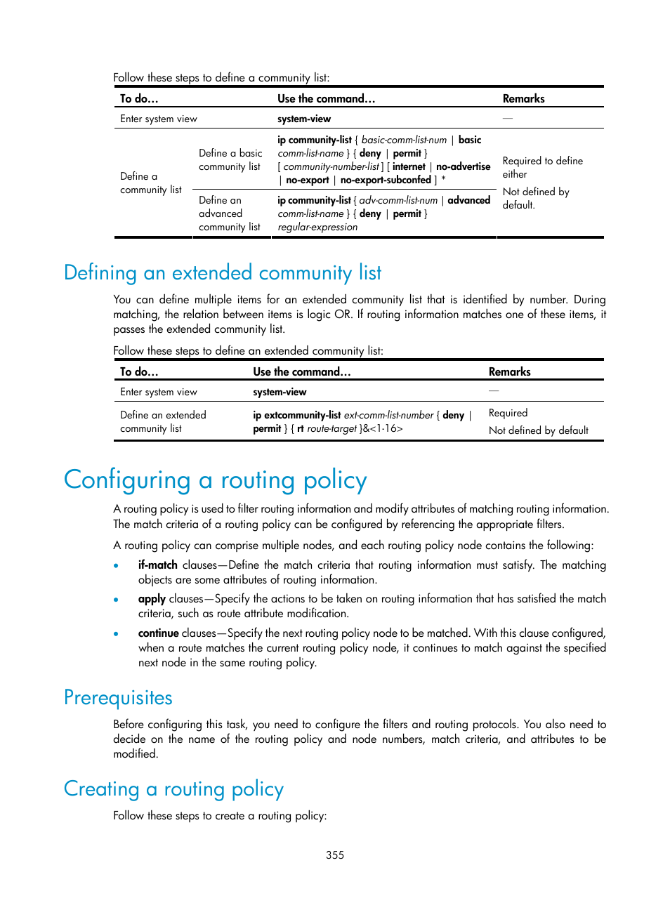 Defining an extended community list, Configuring a routing policy, Prerequisites | Creating a routing policy | H3C Technologies H3C S10500 Series Switches User Manual | Page 370 / 397