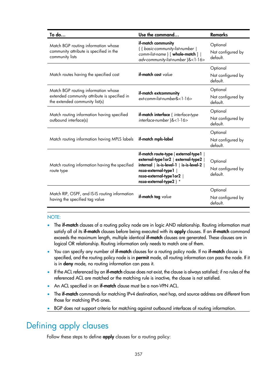 Defining apply clauses | H3C Technologies H3C S10500 Series Switches User Manual | Page 372 / 397