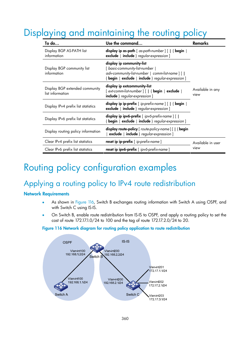 Displaying and maintaining the routing policy, Routing policy configuration examples, Network requirements | H3C Technologies H3C S10500 Series Switches User Manual | Page 375 / 397
