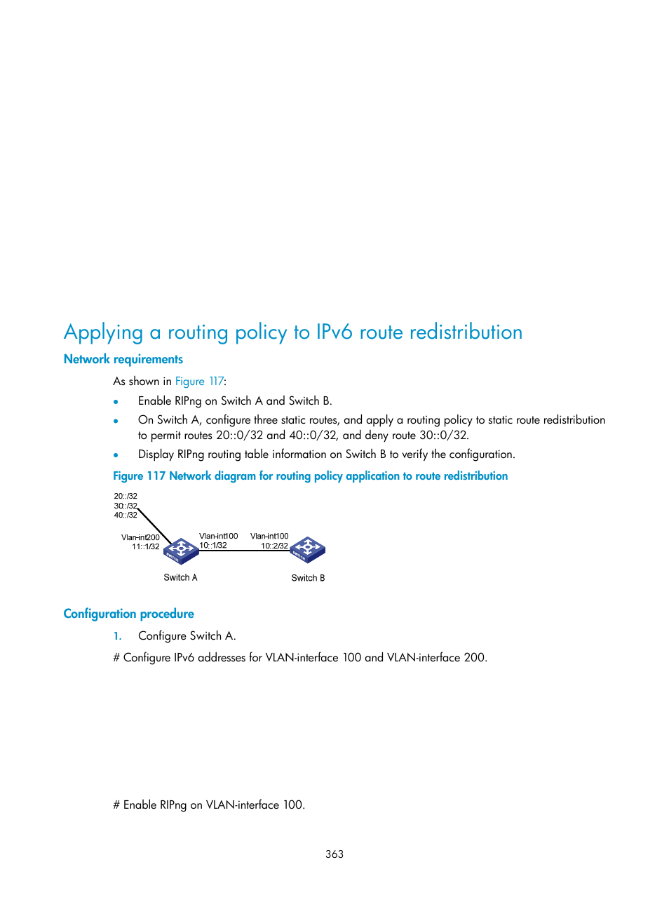 Network requirements, Configuration procedure | H3C Technologies H3C S10500 Series Switches User Manual | Page 378 / 397