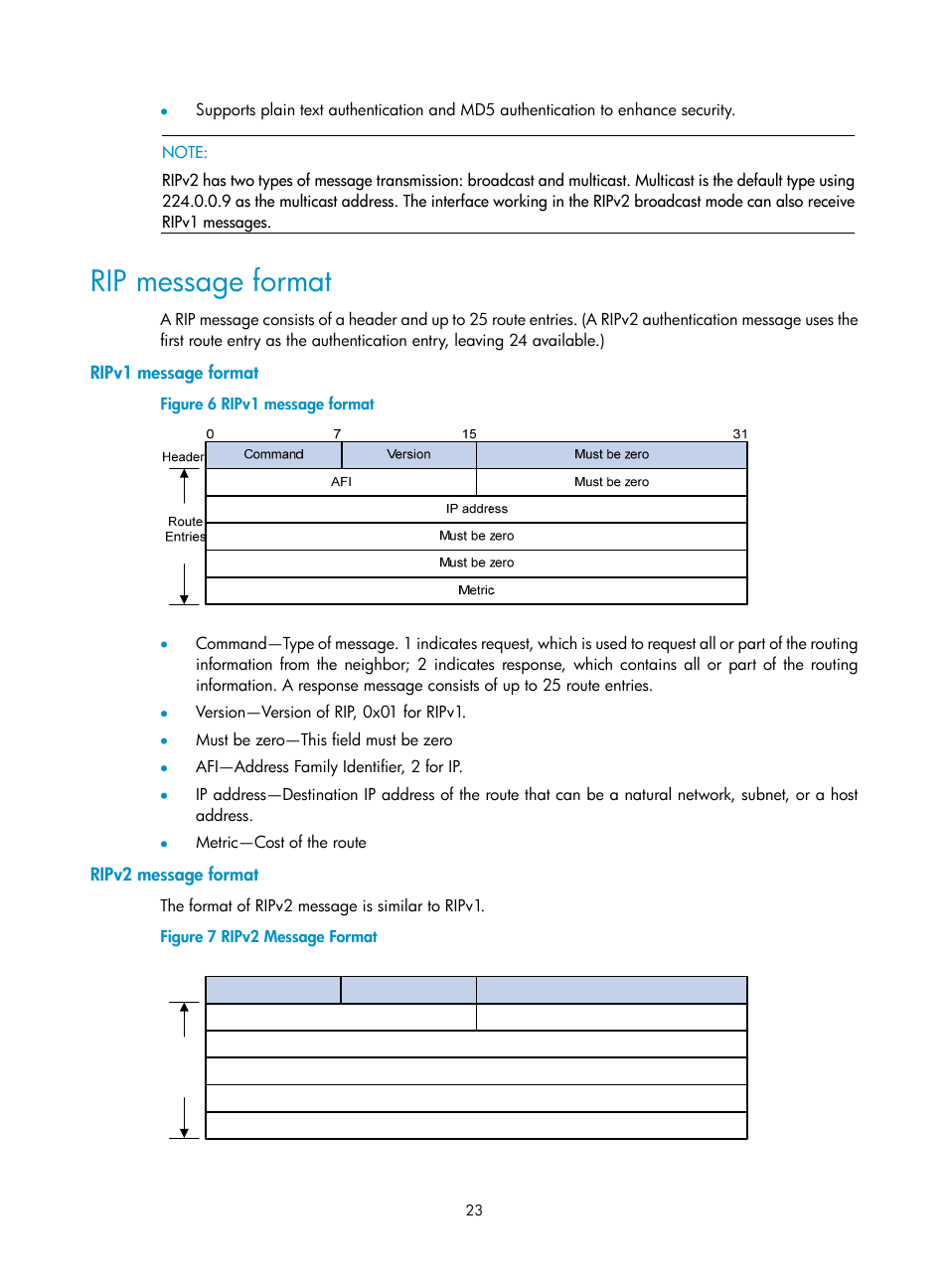 Rip message format, Ripv1 message format, Ripv2 message format | H3C Technologies H3C S10500 Series Switches User Manual | Page 38 / 397
