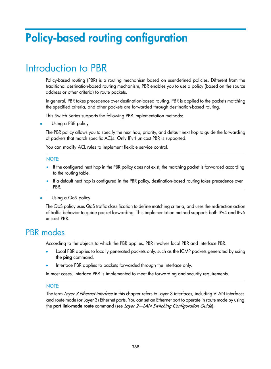 Policy-based routing configuration, Introduction to pbr, Pbr modes | H3C Technologies H3C S10500 Series Switches User Manual | Page 383 / 397
