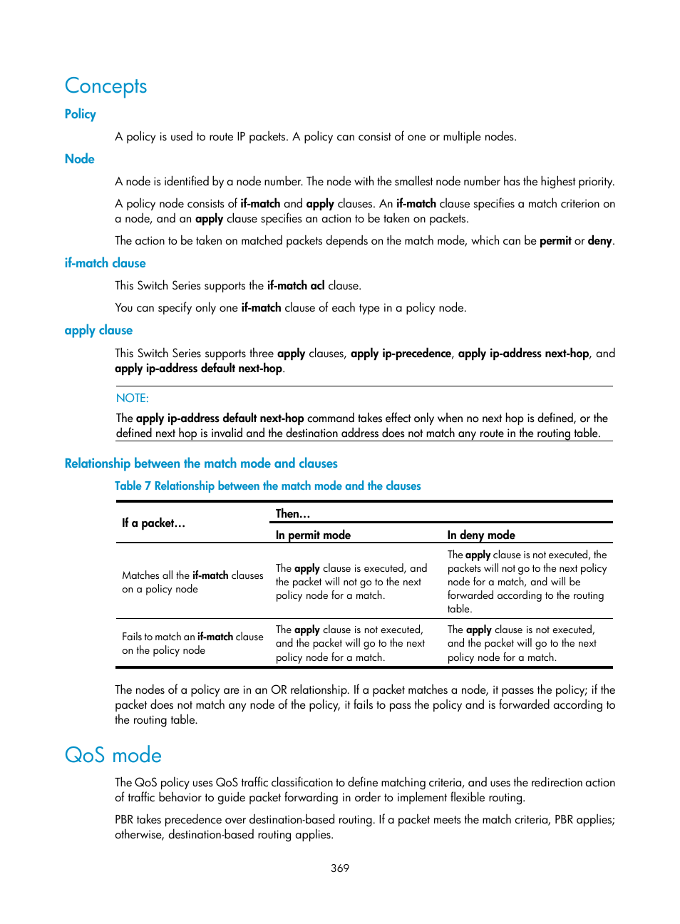 Concepts, Policy, Node | If-match clause, Apply clause, Relationship between the match mode and clauses, Qos mode | H3C Technologies H3C S10500 Series Switches User Manual | Page 384 / 397