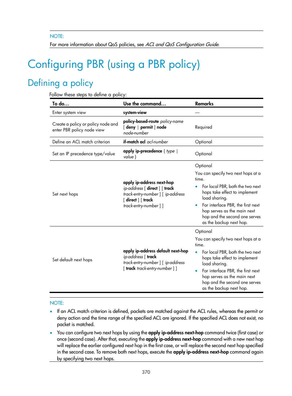 Configuring pbr (using a pbr policy), Defining a policy | H3C Technologies H3C S10500 Series Switches User Manual | Page 385 / 397