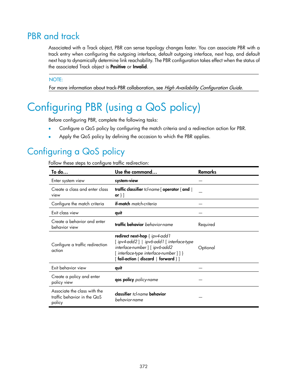 Pbr and track, Configuring pbr (using a qos policy), Configuring a qos policy | H3C Technologies H3C S10500 Series Switches User Manual | Page 387 / 397