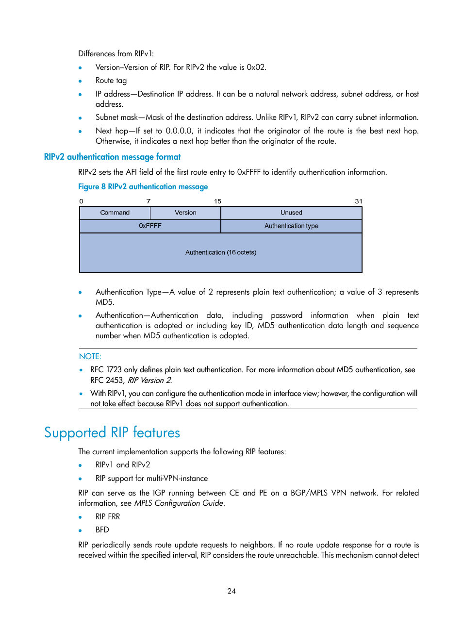 Ripv2 authentication message format, Supported rip features | H3C Technologies H3C S10500 Series Switches User Manual | Page 39 / 397