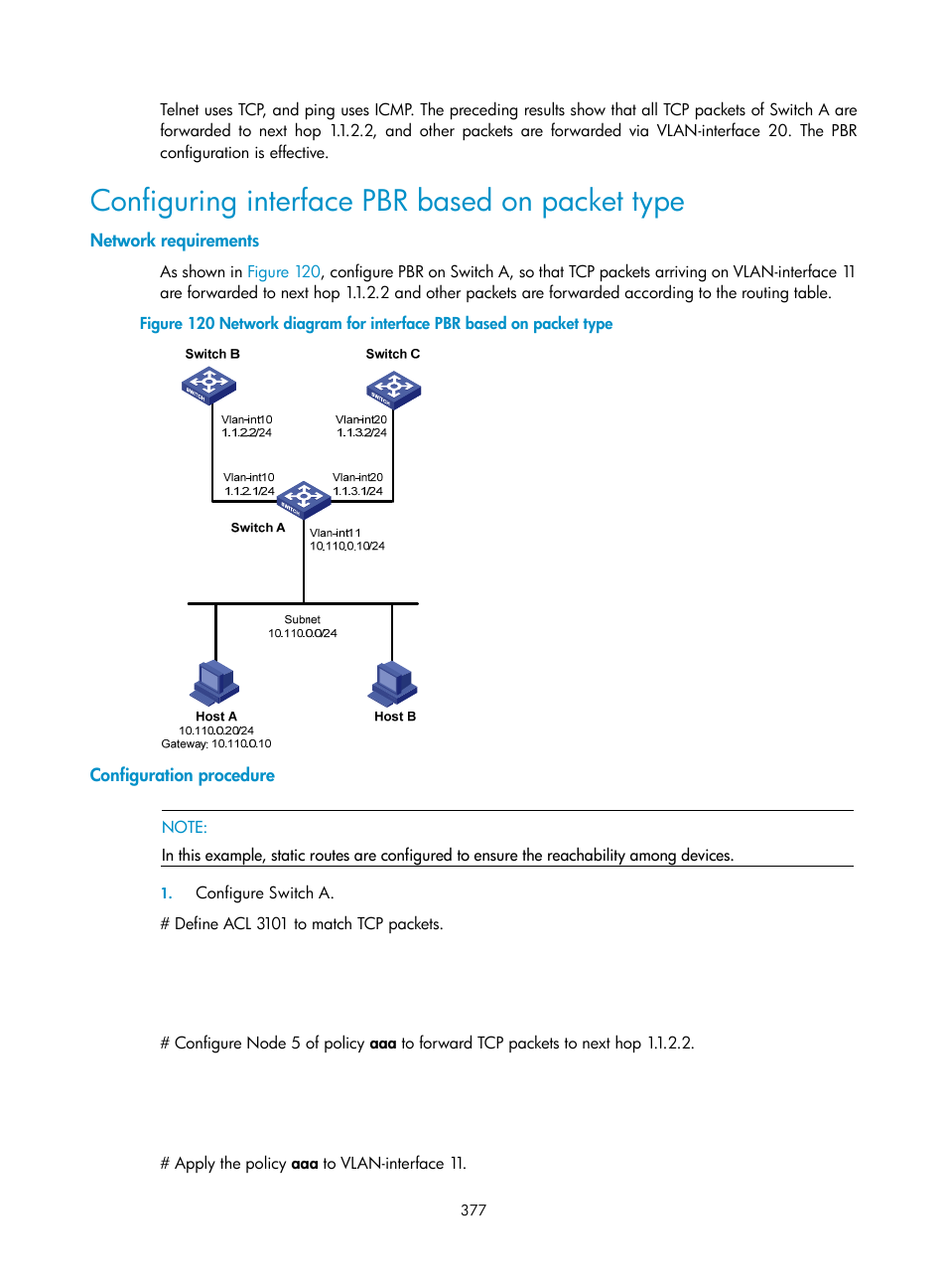 Configuring interface pbr based on packet type, Network requirements, Configuration procedure | H3C Technologies H3C S10500 Series Switches User Manual | Page 392 / 397