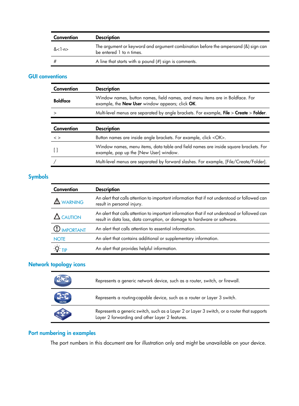 Gui conventions, Symbols, Network topology icons | Port numbering in examples | H3C Technologies H3C S10500 Series Switches User Manual | Page 4 / 397