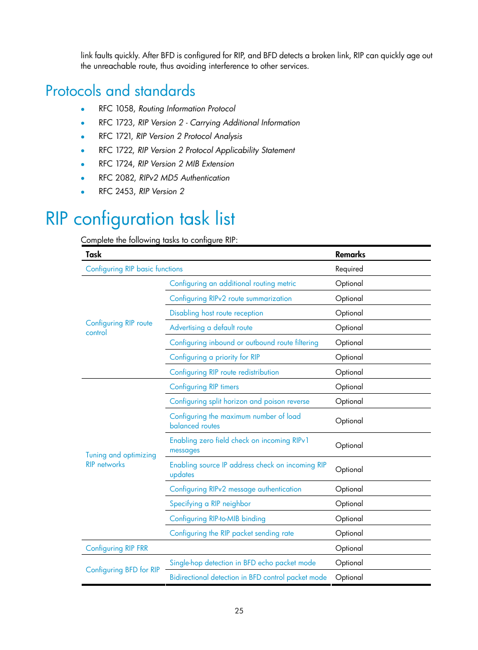 Protocols and standards, Rip configuration task list | H3C Technologies H3C S10500 Series Switches User Manual | Page 40 / 397