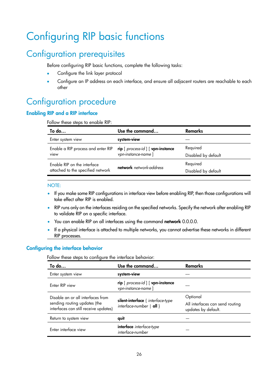 Configuring rip basic functions, Configuration prerequisites, Configuration procedure | Enabling rip and a rip interface, Configuring the interface behavior | H3C Technologies H3C S10500 Series Switches User Manual | Page 41 / 397
