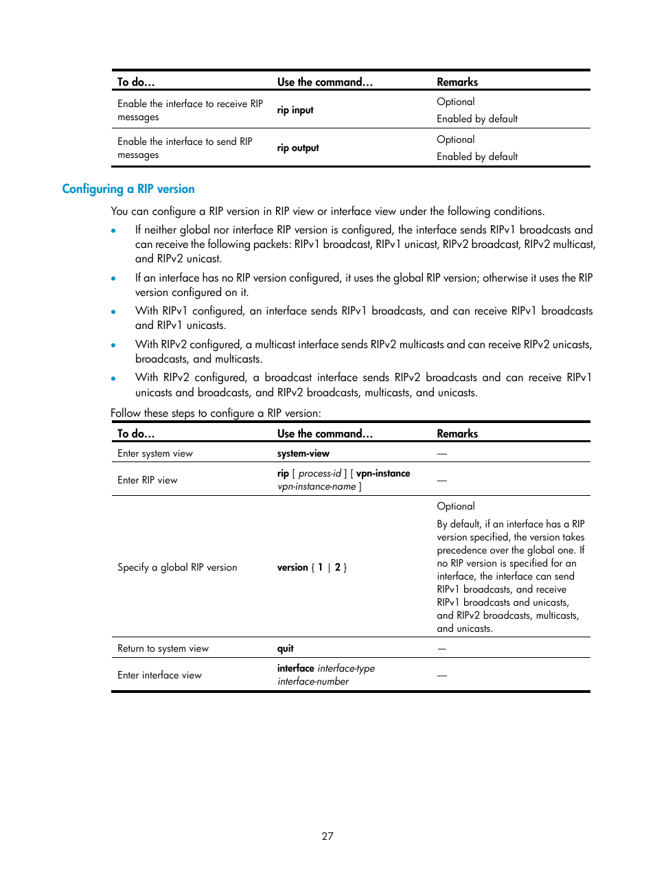 Configuring a rip version | H3C Technologies H3C S10500 Series Switches User Manual | Page 42 / 397