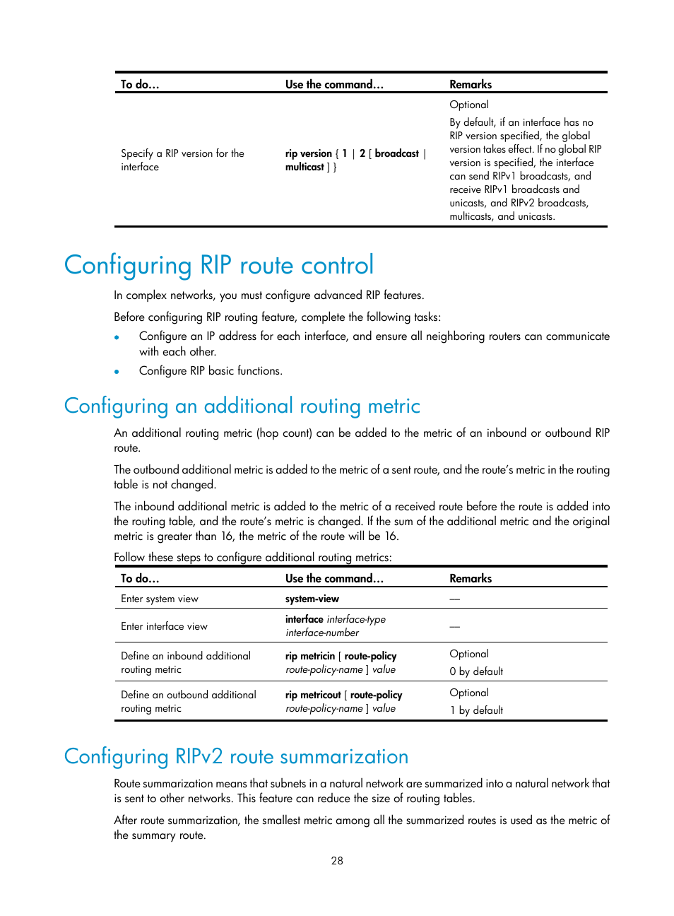 Configuring rip route control, Configuring an additional routing metric, Configuring ripv2 route summarization | Configuring rip route, Control | H3C Technologies H3C S10500 Series Switches User Manual | Page 43 / 397
