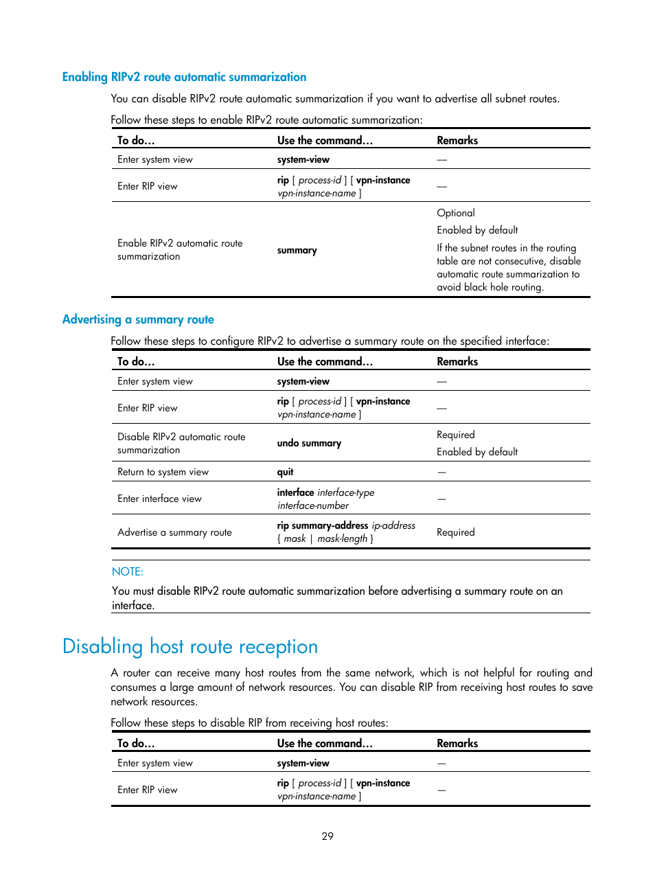 Enabling ripv2 route automatic summarization, Advertising a summary route, Disabling host route reception | H3C Technologies H3C S10500 Series Switches User Manual | Page 44 / 397