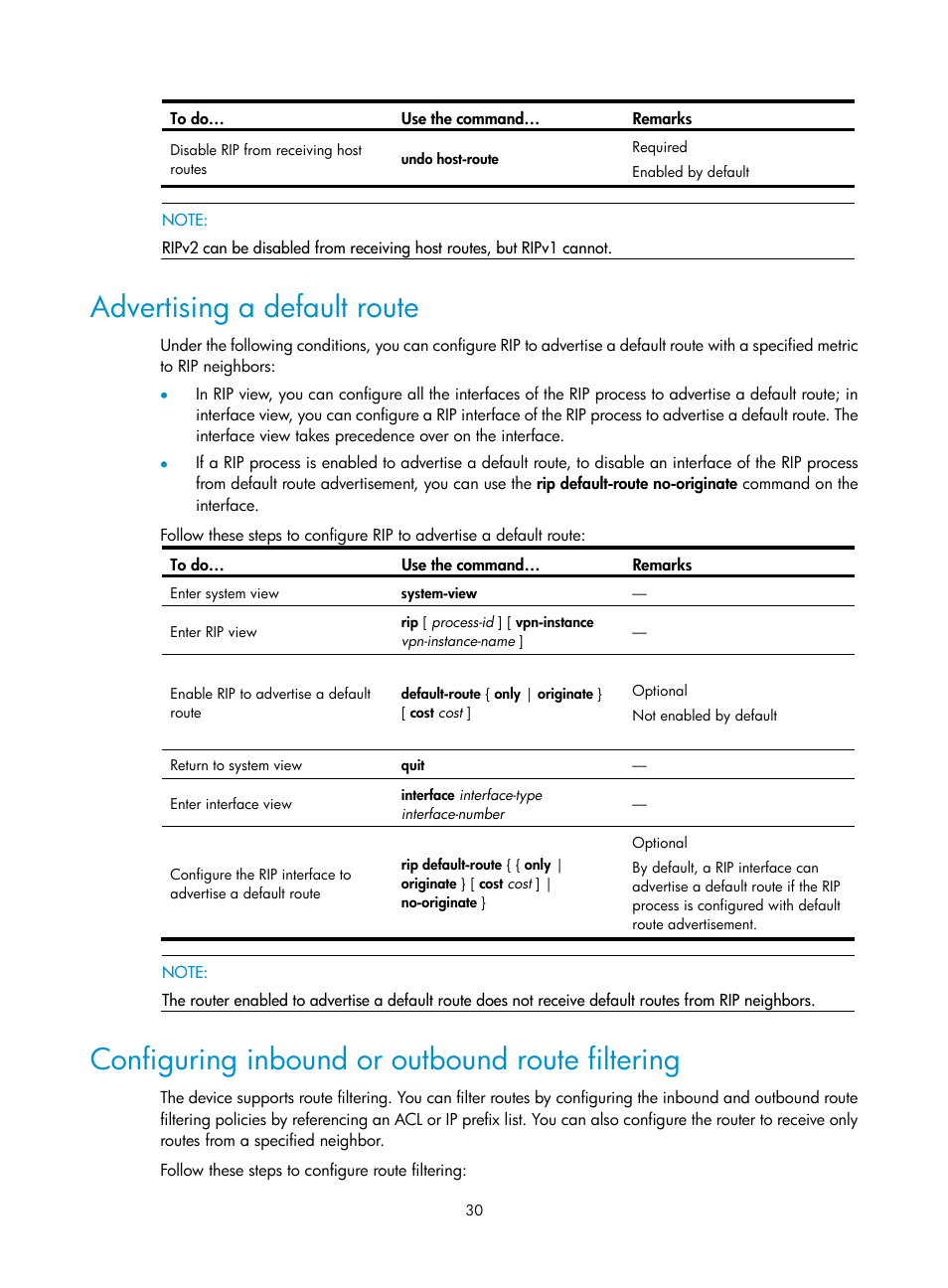 Advertising a default route, Configuring inbound or outbound route filtering | H3C Technologies H3C S10500 Series Switches User Manual | Page 45 / 397