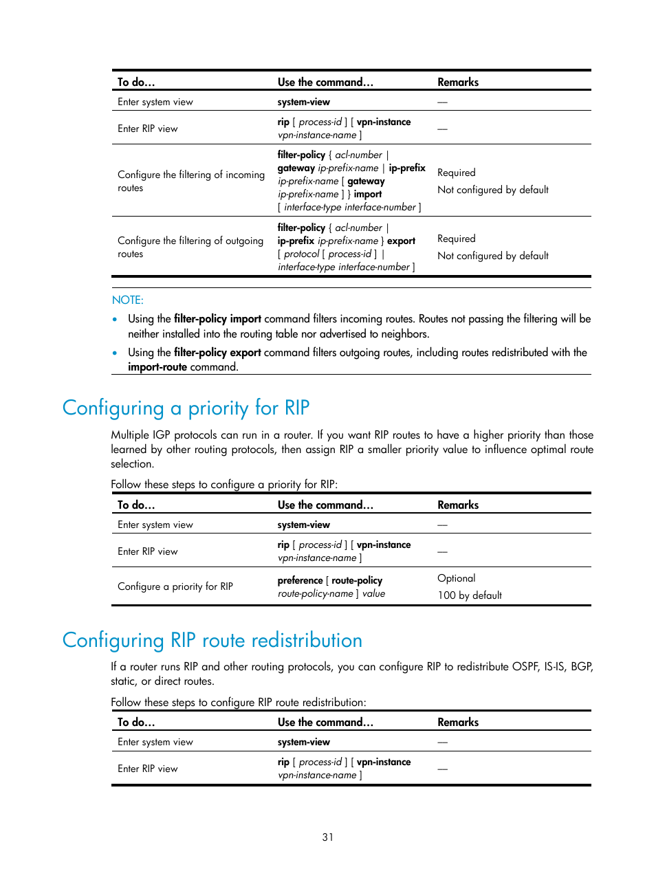 Configuring a priority for rip, Configuring rip route redistribution | H3C Technologies H3C S10500 Series Switches User Manual | Page 46 / 397