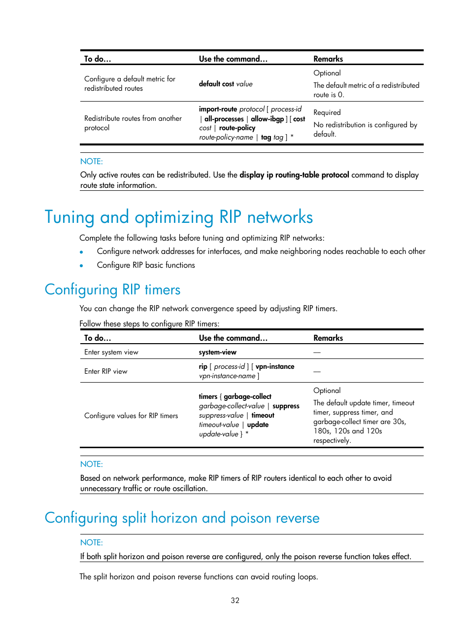 Tuning and optimizing rip networks, Configuring rip timers, Configuring split horizon and poison reverse | H3C Technologies H3C S10500 Series Switches User Manual | Page 47 / 397