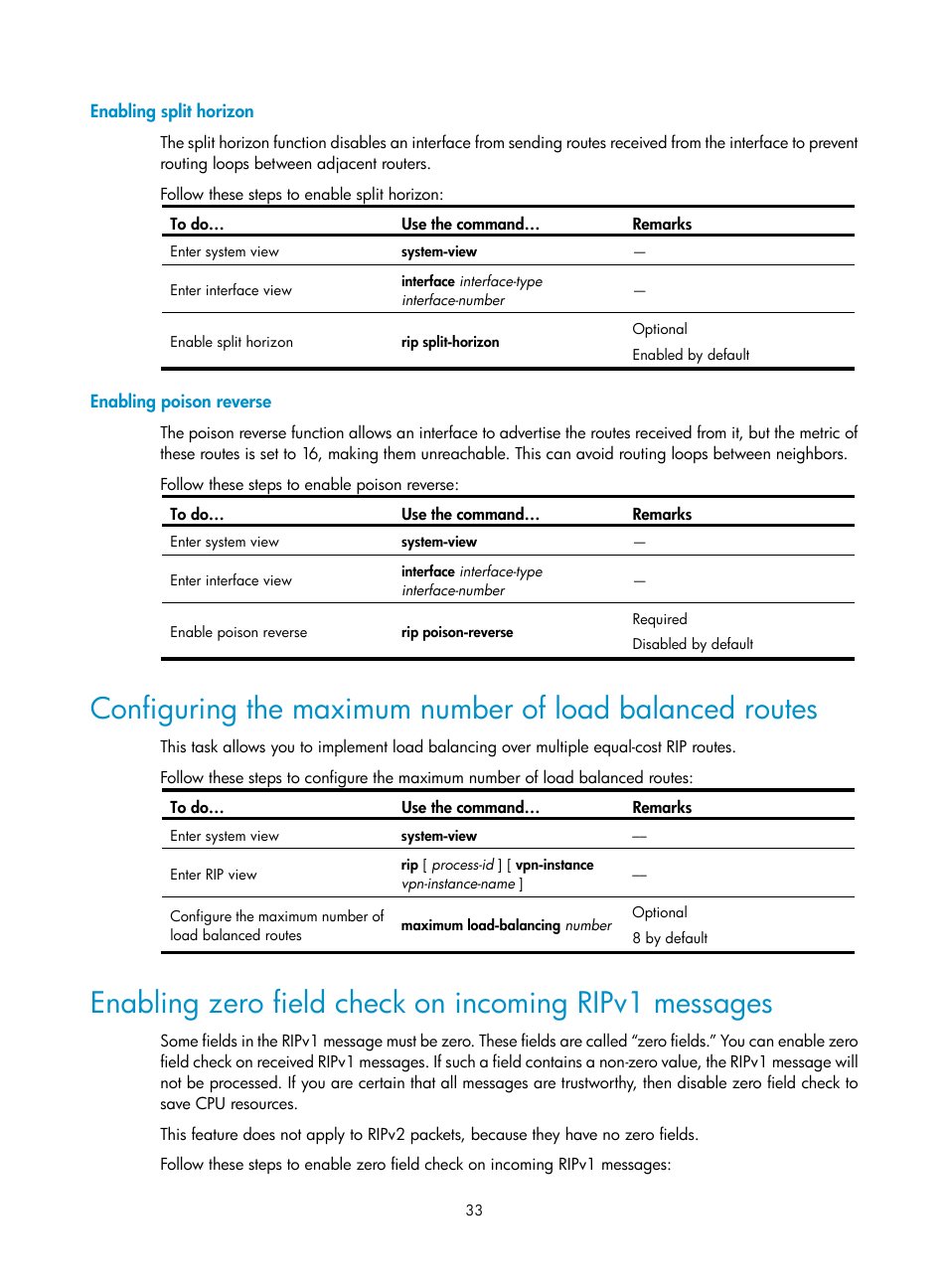 Enabling split horizon, Enabling poison reverse | H3C Technologies H3C S10500 Series Switches User Manual | Page 48 / 397