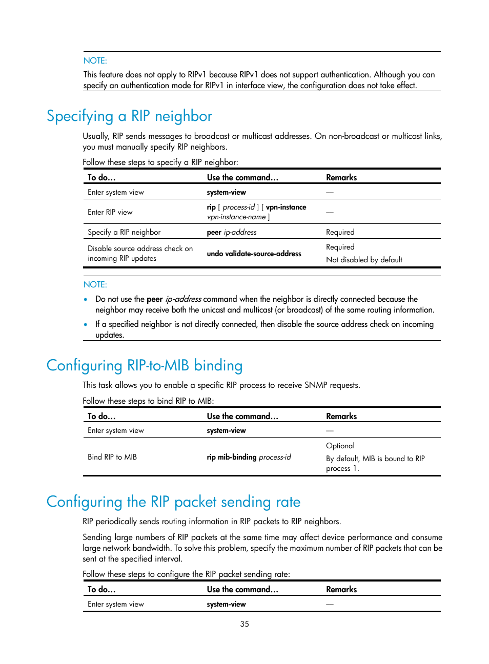 Specifying a rip neighbor, Configuring rip-to-mib binding, Configuring the rip packet sending rate | H3C Technologies H3C S10500 Series Switches User Manual | Page 50 / 397