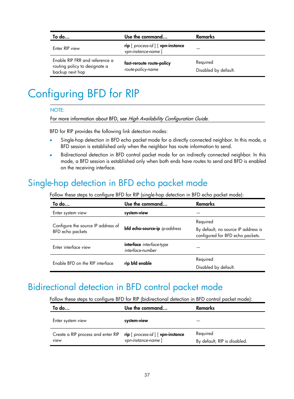 Configuring bfd for rip, Single-hop detection in bfd echo packet mode, Bidirectional detection in bfd control packet mode | H3C Technologies H3C S10500 Series Switches User Manual | Page 52 / 397
