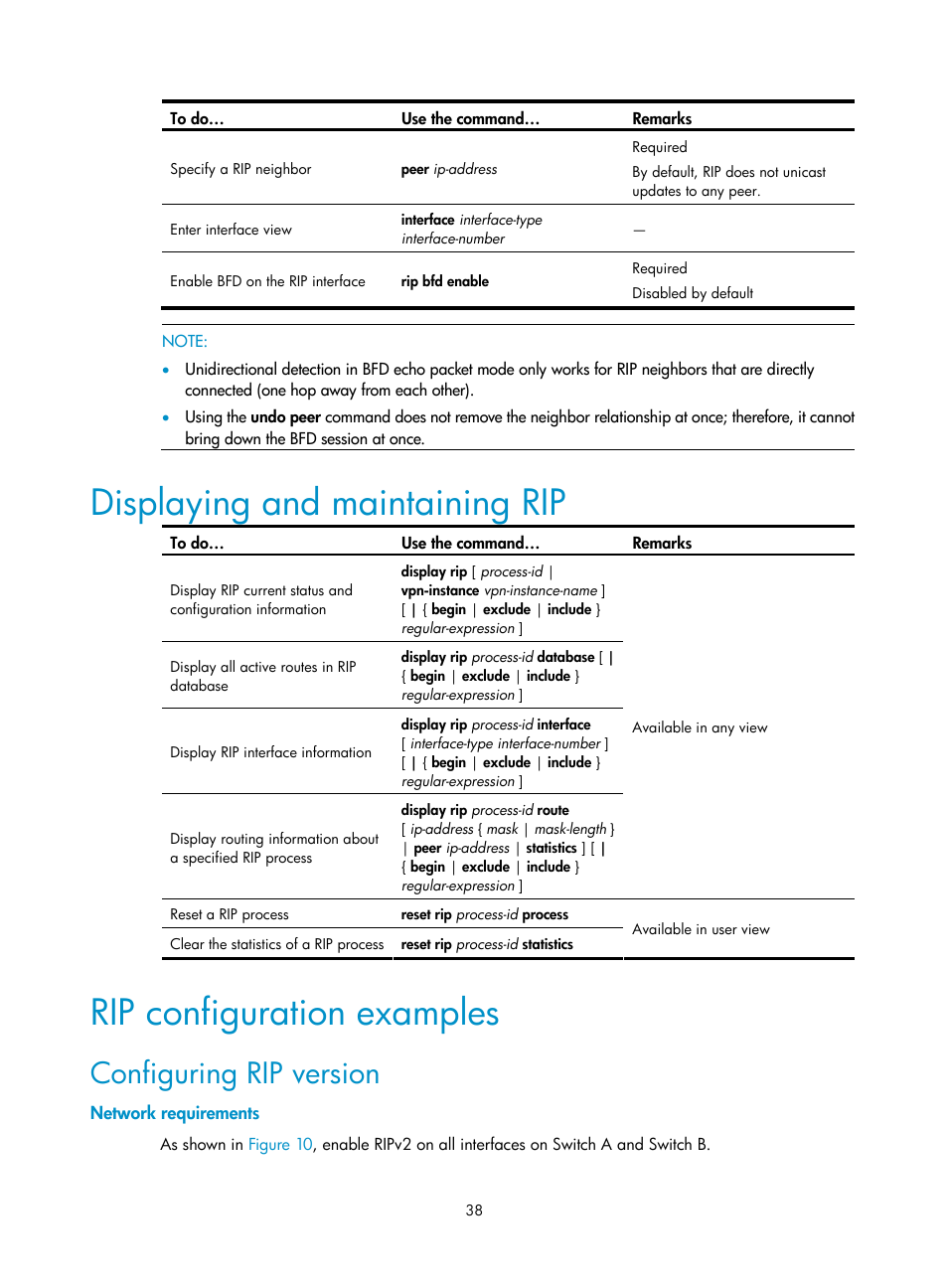 Displaying and maintaining rip, Rip configuration examples, Configuring rip version | Network requirements | H3C Technologies H3C S10500 Series Switches User Manual | Page 53 / 397
