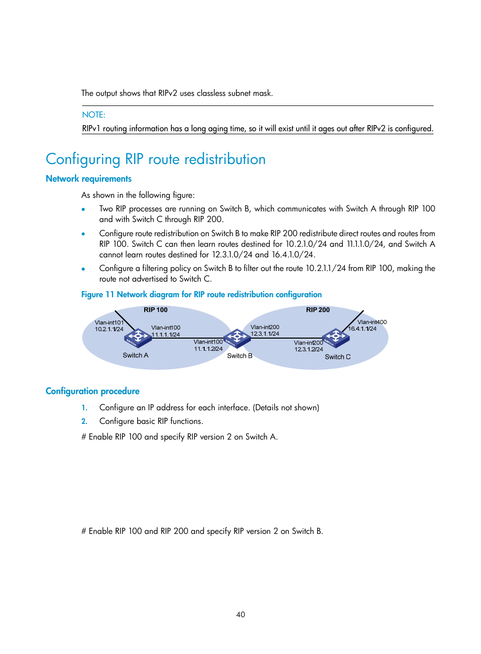 Configuring rip route redistribution, Network requirements, Configuration procedure | H3C Technologies H3C S10500 Series Switches User Manual | Page 55 / 397