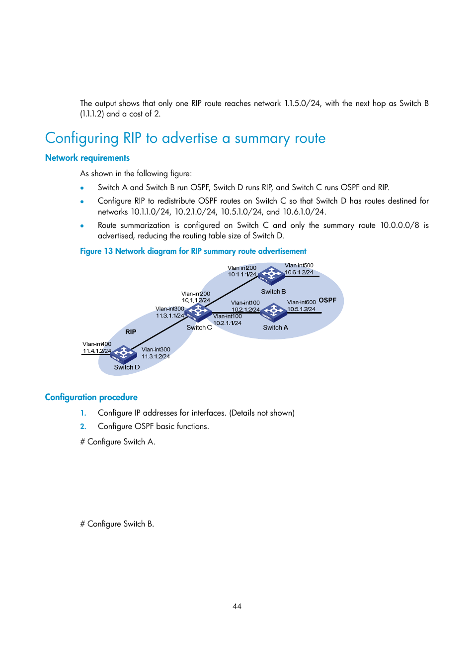 Configuring rip to advertise a summary route, Network requirements, Configuration procedure | H3C Technologies H3C S10500 Series Switches User Manual | Page 59 / 397