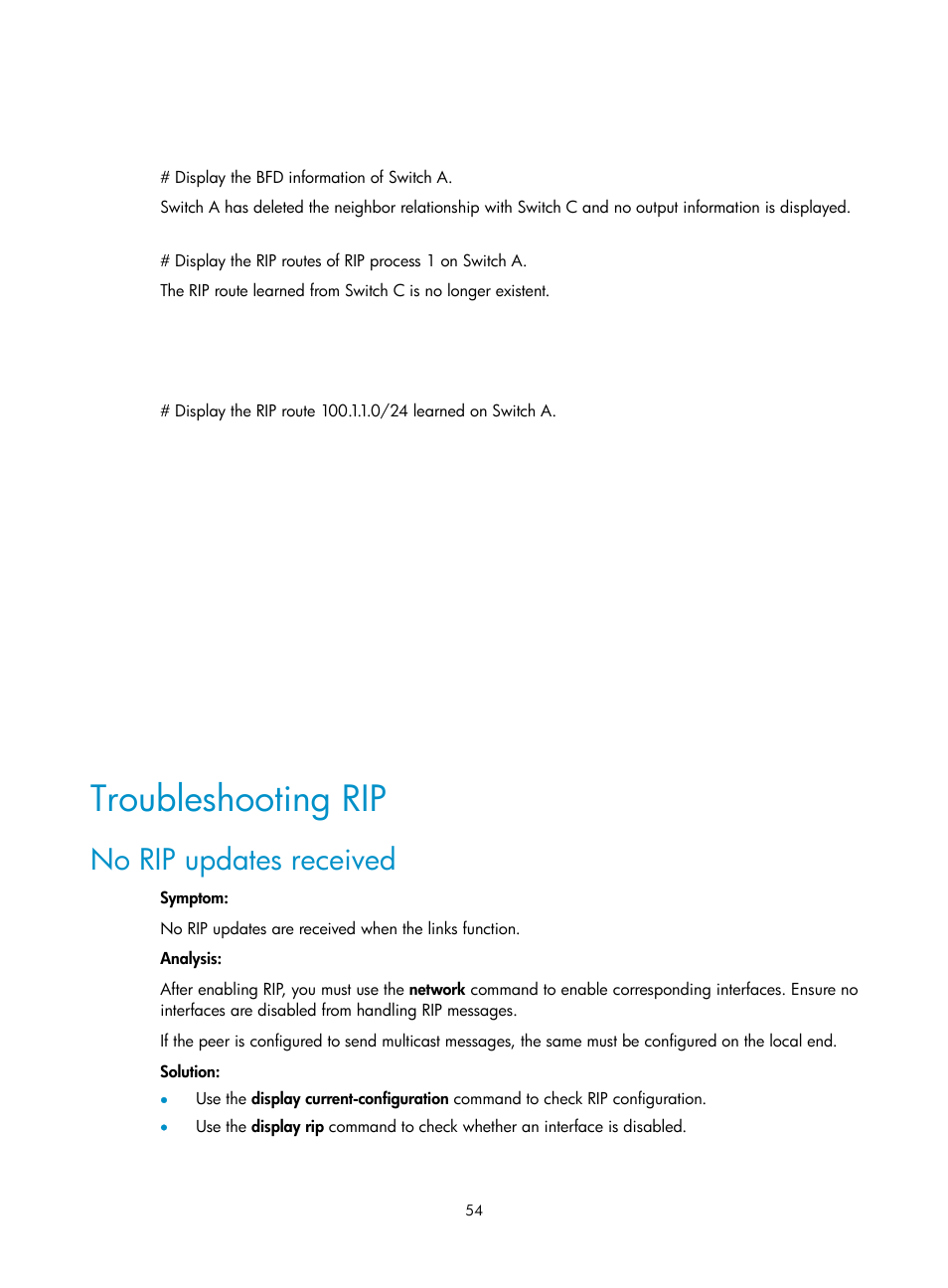 Troubleshooting rip, No rip updates received | H3C Technologies H3C S10500 Series Switches User Manual | Page 69 / 397