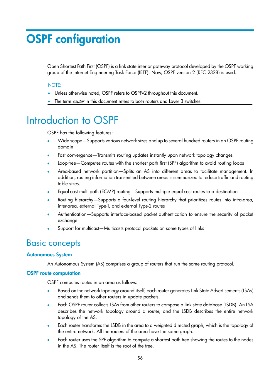Ospf configuration, Introduction to ospf, Basic concepts | Autonomous system, Ospf route computation | H3C Technologies H3C S10500 Series Switches User Manual | Page 71 / 397