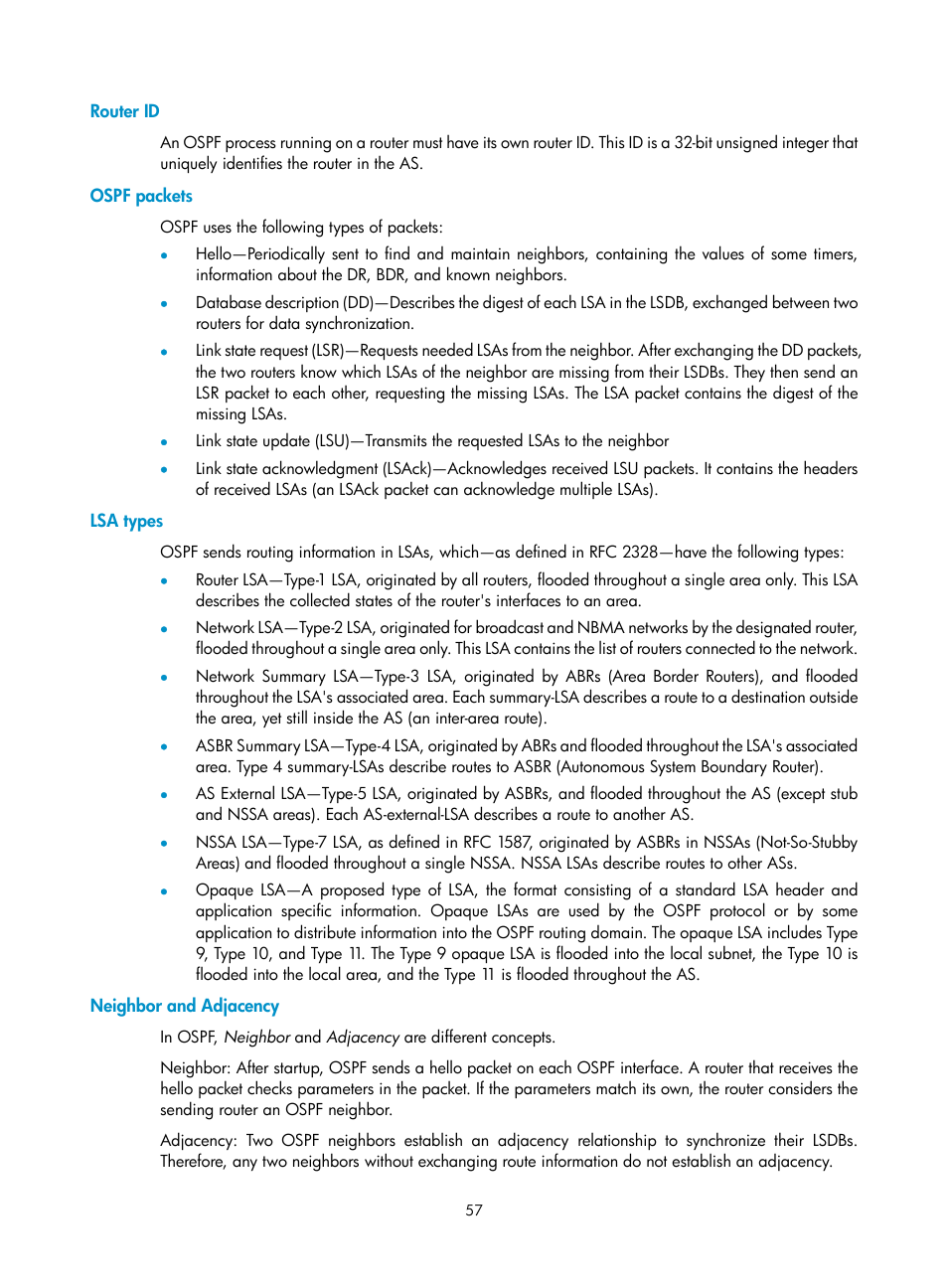 Router id, Ospf packets, Lsa types | Neighbor and adjacency | H3C Technologies H3C S10500 Series Switches User Manual | Page 72 / 397