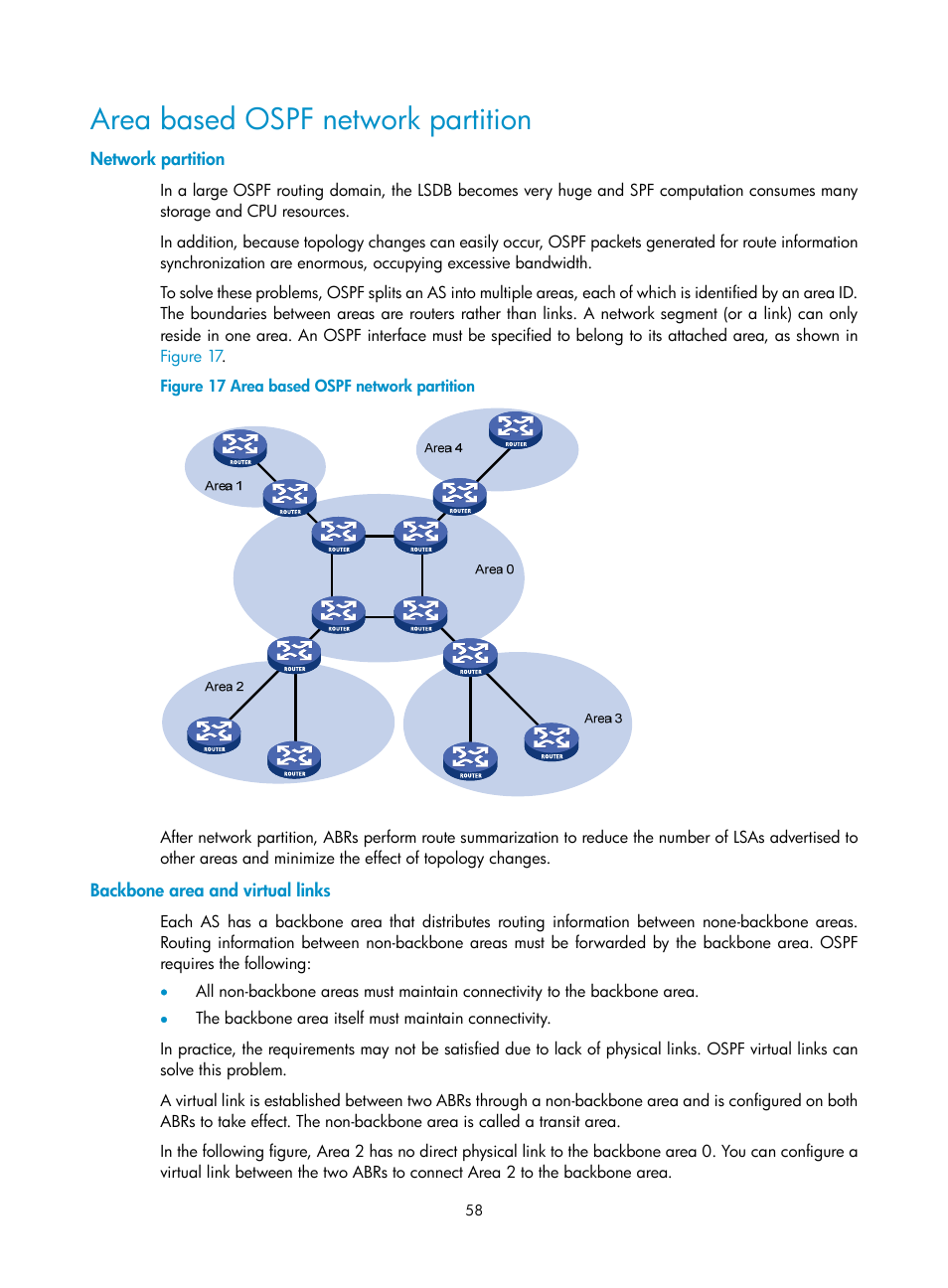 Area based ospf network partition, Network partition, Backbone area and virtual links | H3C Technologies H3C S10500 Series Switches User Manual | Page 73 / 397