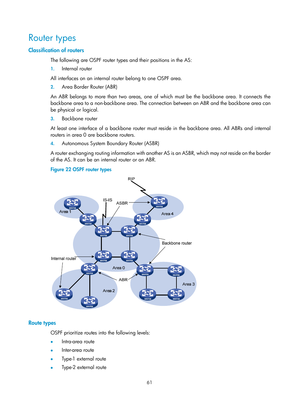 Router types, Classification of routers, Route types | H3C Technologies H3C S10500 Series Switches User Manual | Page 76 / 397