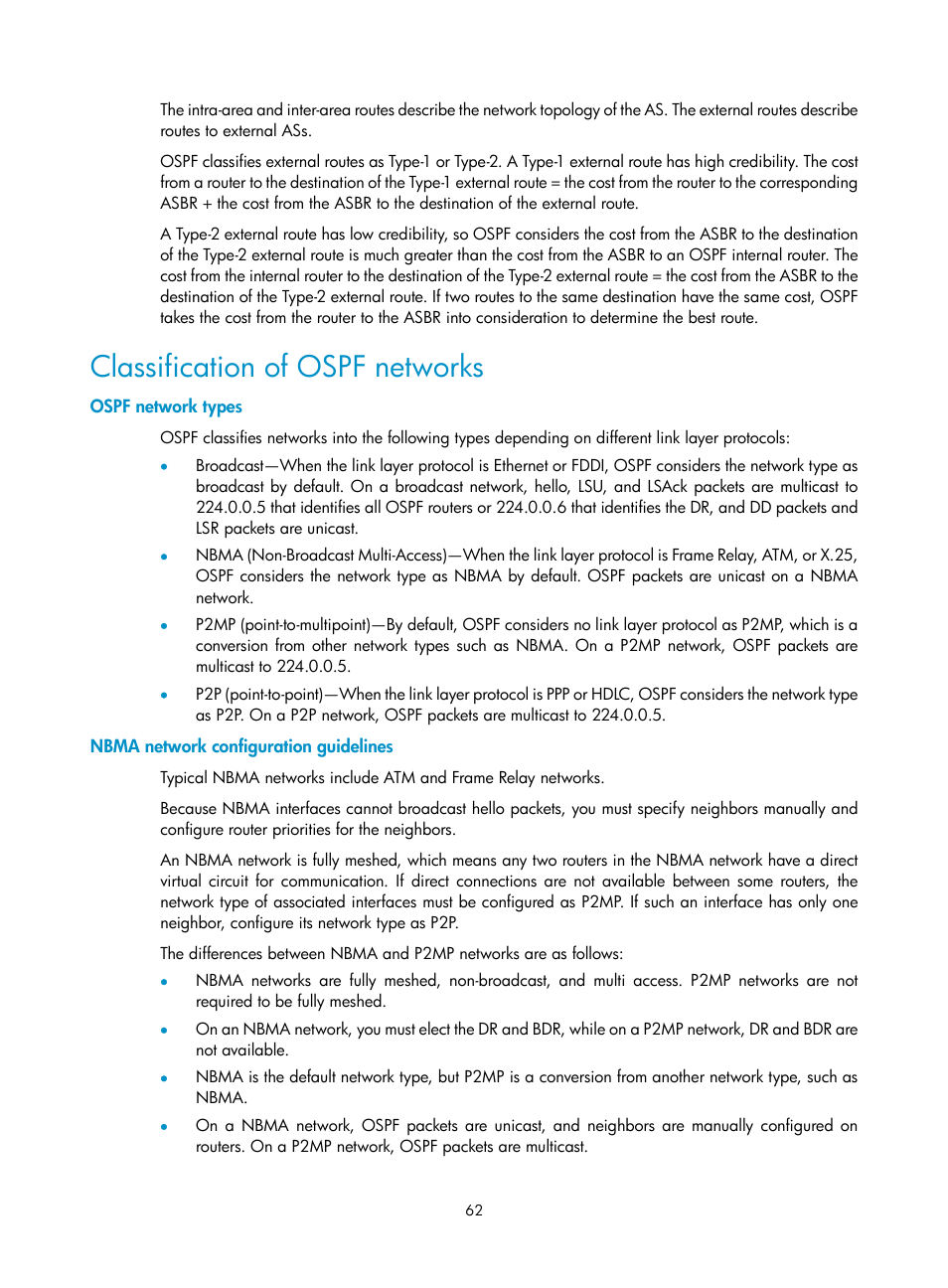 Classification of ospf networks, Ospf network types, Nbma network configuration guidelines | H3C Technologies H3C S10500 Series Switches User Manual | Page 77 / 397