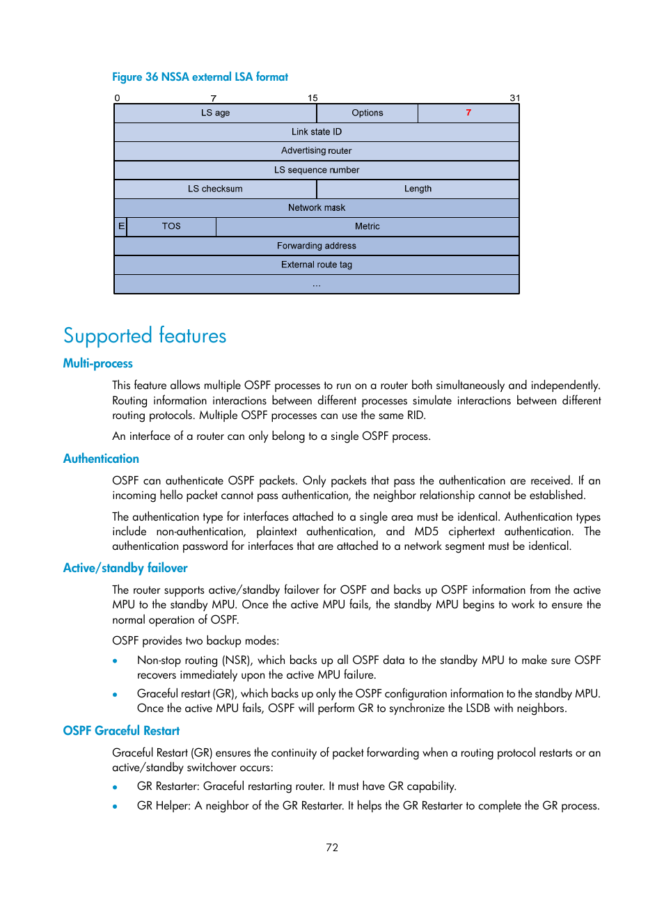 Supported features, Multi-process, Authentication | Active/standby failover, Ospf graceful restart | H3C Technologies H3C S10500 Series Switches User Manual | Page 87 / 397