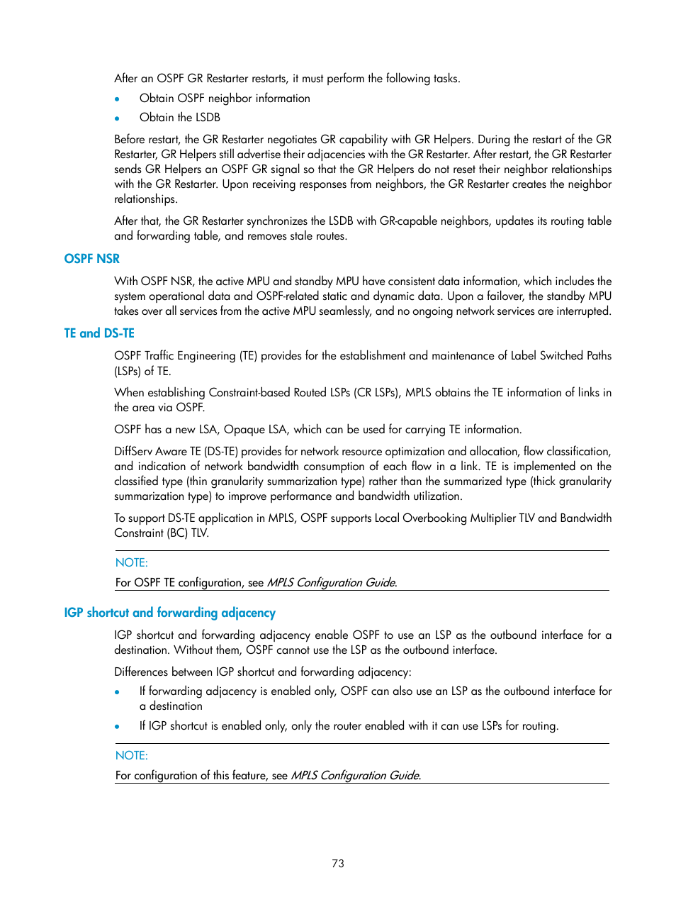 Ospf nsr, Te and ds-te, Igp shortcut and forwarding adjacency | H3C Technologies H3C S10500 Series Switches User Manual | Page 88 / 397