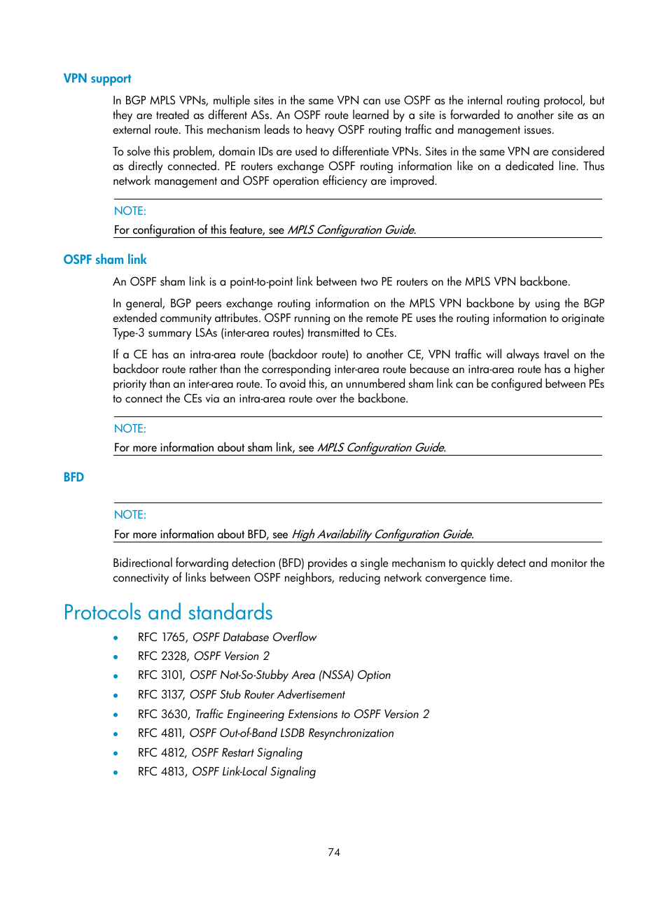 Vpn support, Ospf sham link, Protocols and standards | H3C Technologies H3C S10500 Series Switches User Manual | Page 89 / 397