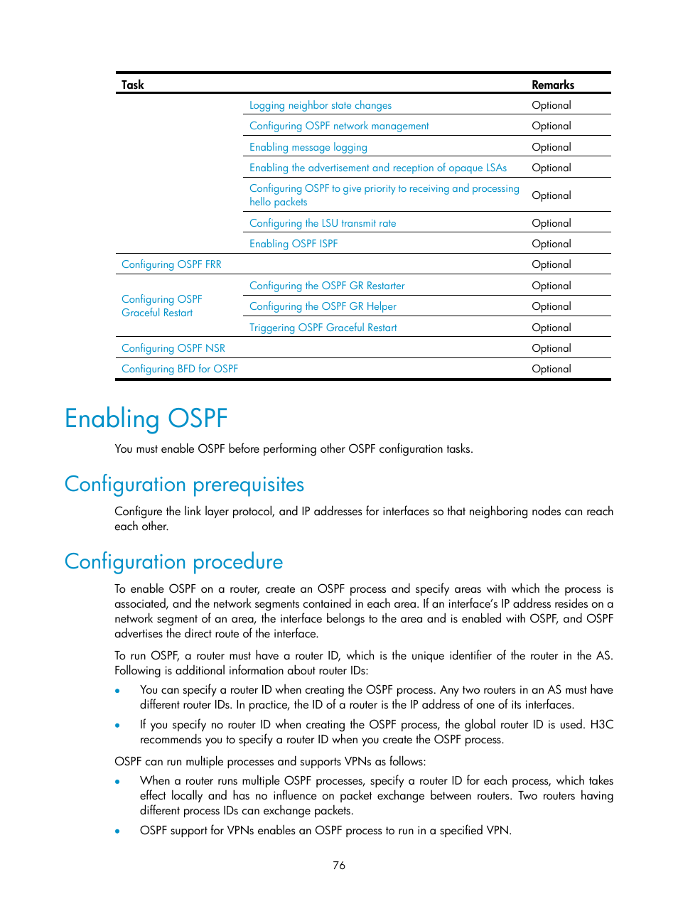 Enabling ospf, Configuration prerequisites, Configuration procedure | H3C Technologies H3C S10500 Series Switches User Manual | Page 91 / 397