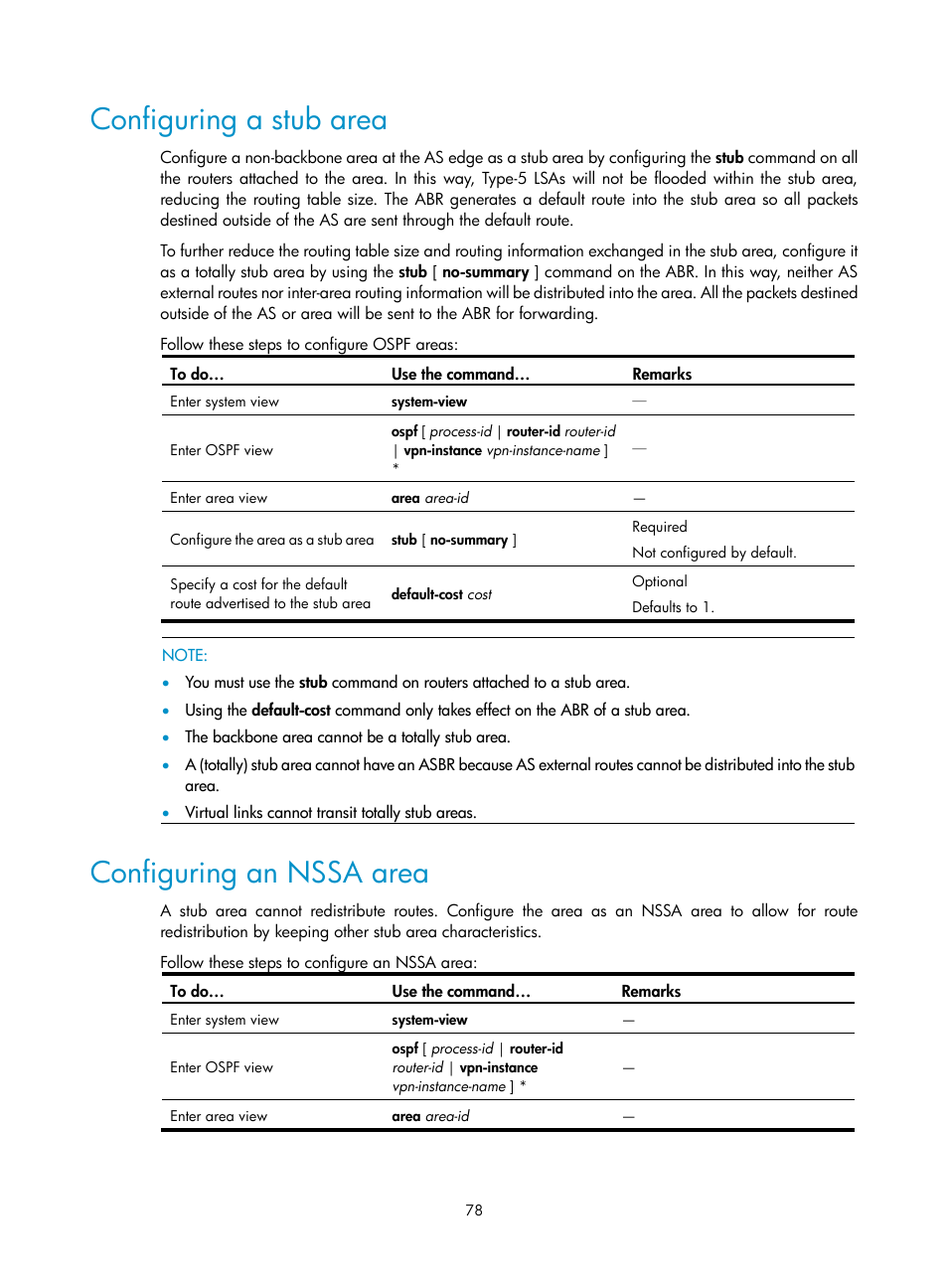 Configuring a stub area, Configuring an nssa area | H3C Technologies H3C S10500 Series Switches User Manual | Page 93 / 397