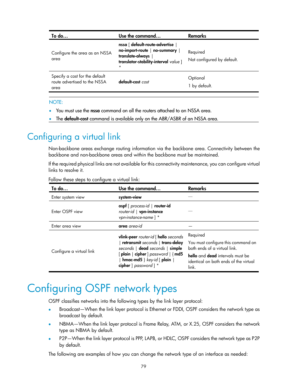 Configuring a virtual link, Configuring ospf network types, Configuring ospf | Network types | H3C Technologies H3C S10500 Series Switches User Manual | Page 94 / 397