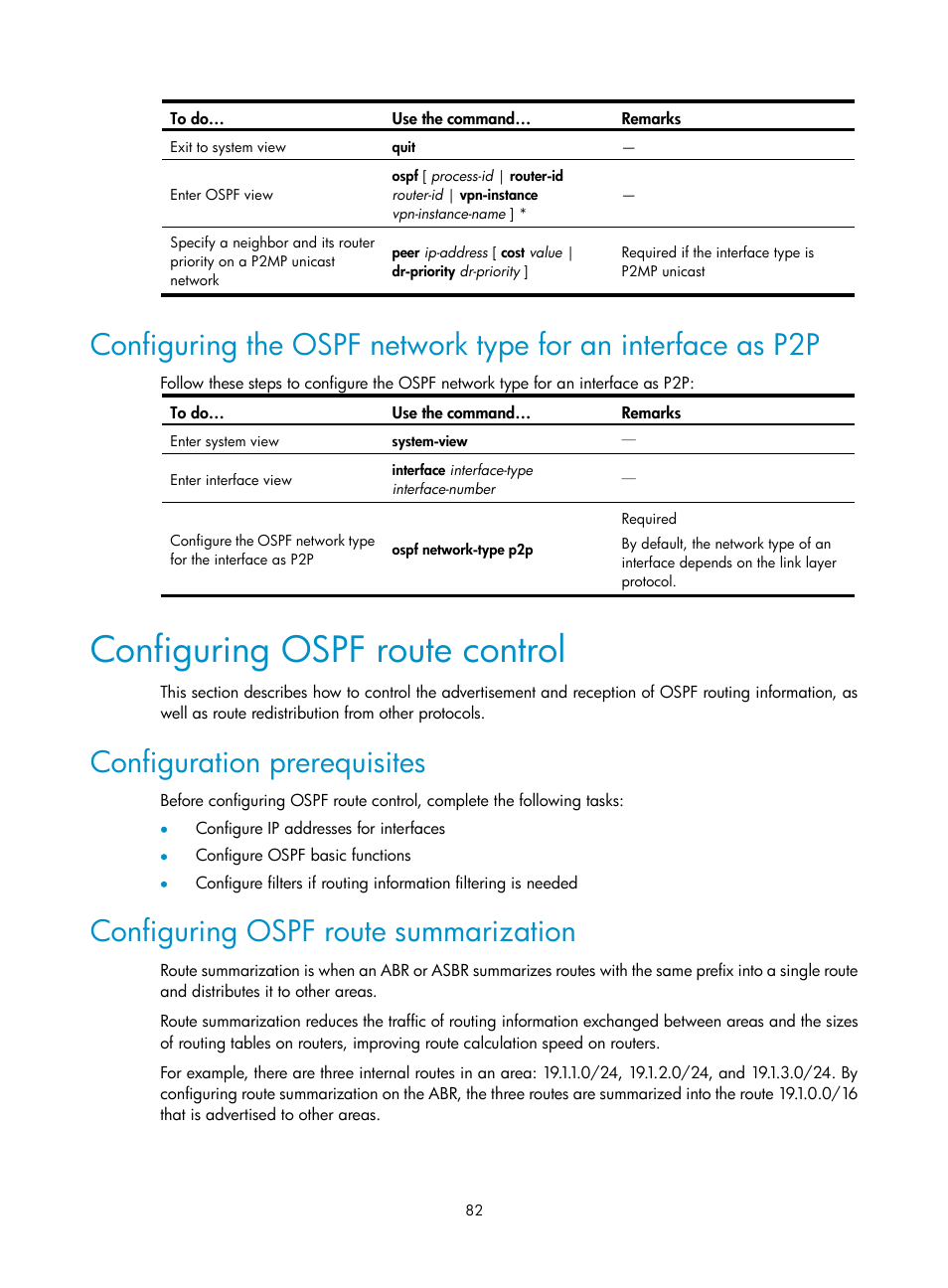 Configuring ospf route control, Configuration prerequisites, Configuring ospf route summarization | H3C Technologies H3C S10500 Series Switches User Manual | Page 97 / 397