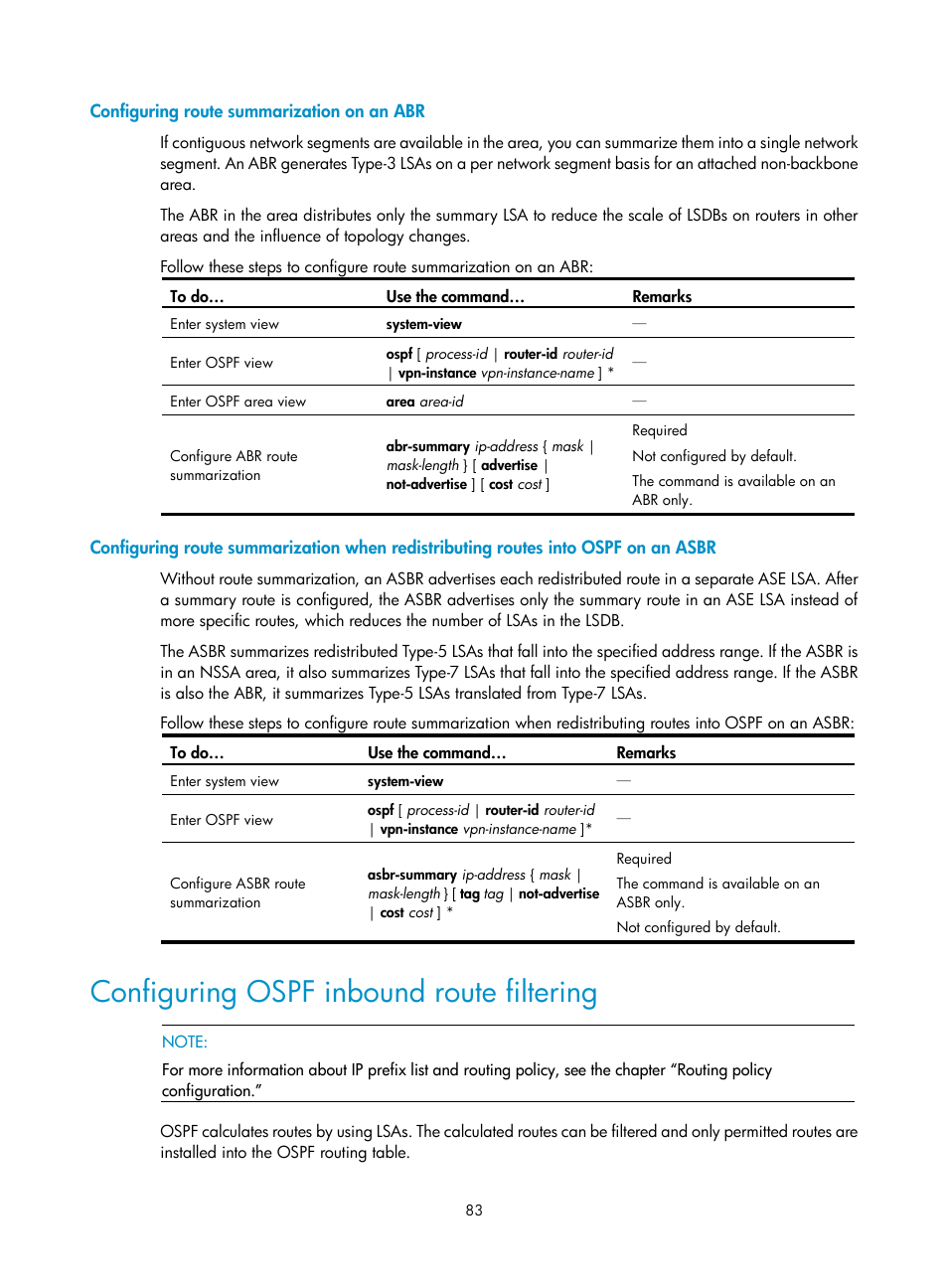 Configuring route summarization on an abr, Configuring ospf inbound route filtering | H3C Technologies H3C S10500 Series Switches User Manual | Page 98 / 397