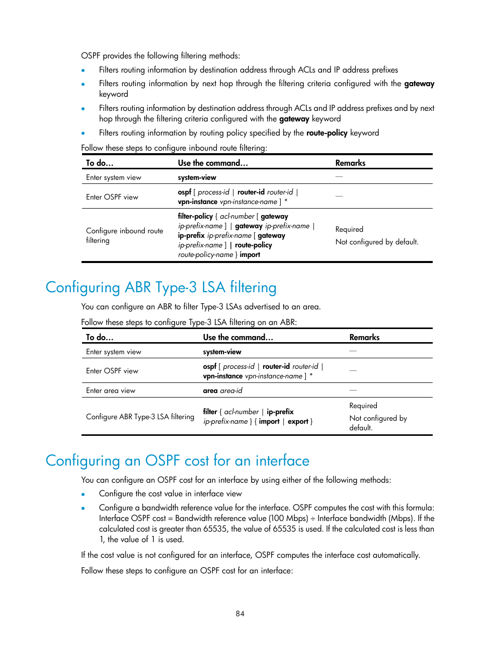 Configuring abr type-3 lsa filtering, Configuring an ospf cost for an interface | H3C Technologies H3C S10500 Series Switches User Manual | Page 99 / 397