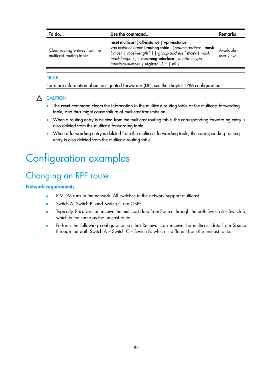 Configuration examples, Changing an rpf route, Network requirements | H3C Technologies H3C S10500 Series Switches User Manual | Page 102 / 467
