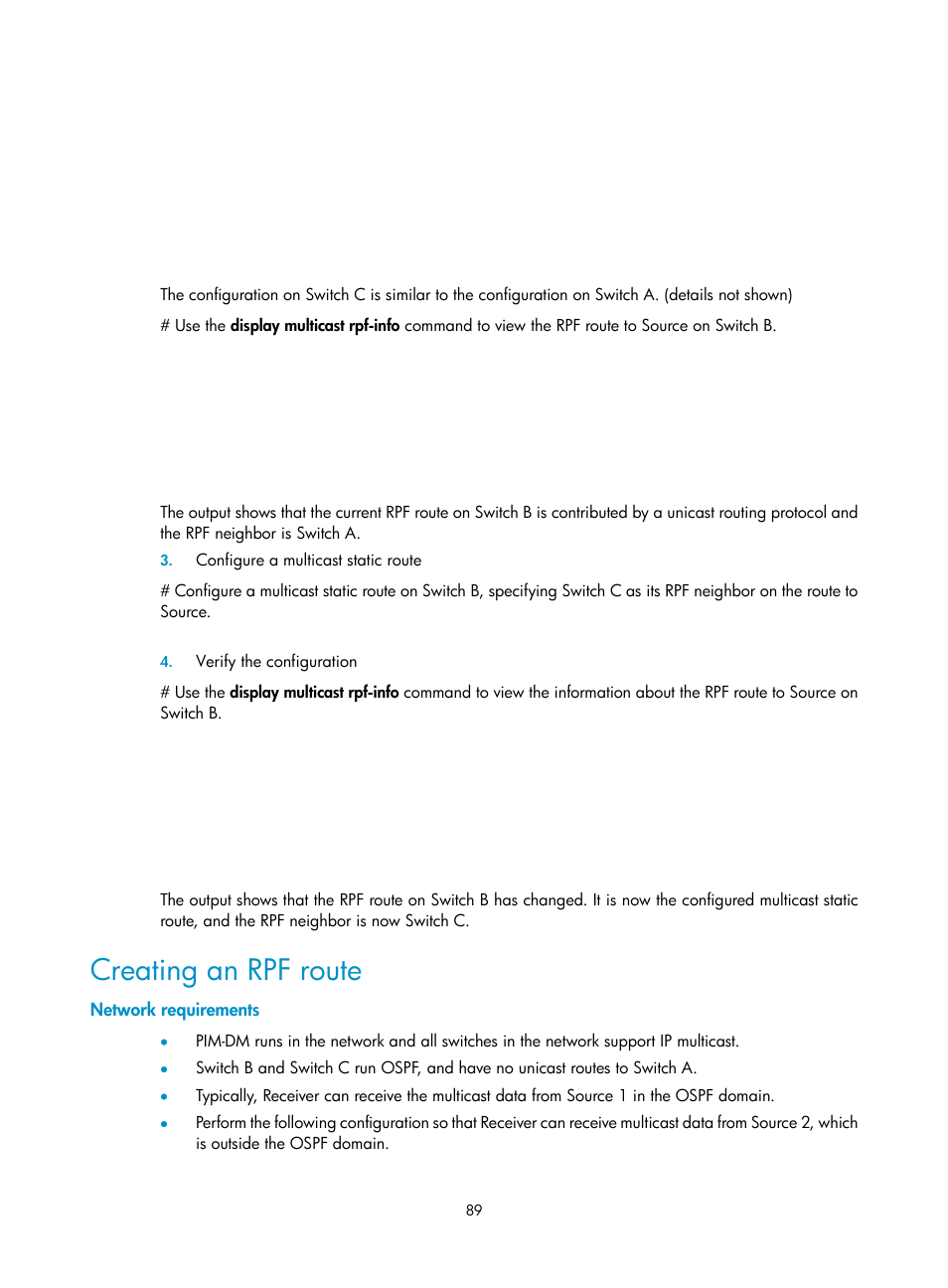 Creating an rpf route, Network requirements | H3C Technologies H3C S10500 Series Switches User Manual | Page 104 / 467