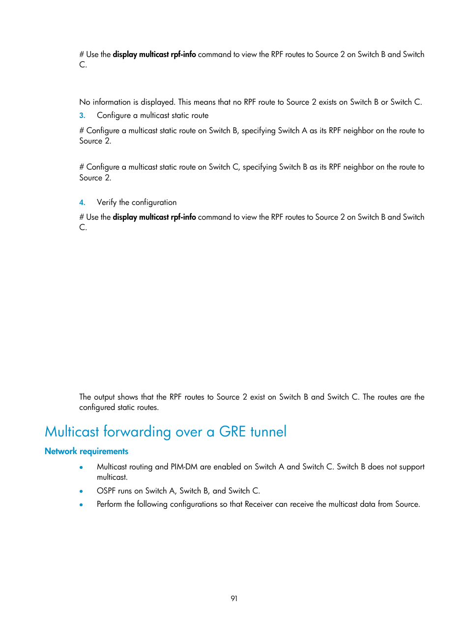 Multicast forwarding over a gre tunnel, Network requirements | H3C Technologies H3C S10500 Series Switches User Manual | Page 106 / 467